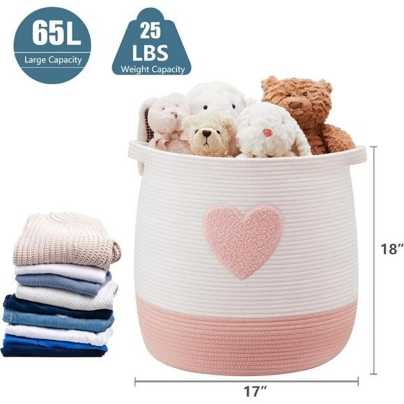 Pink Cotton Rope Laundry Hamper Large Woven Storage Basket for Toys Clothes Blan - Picture 3 of 8